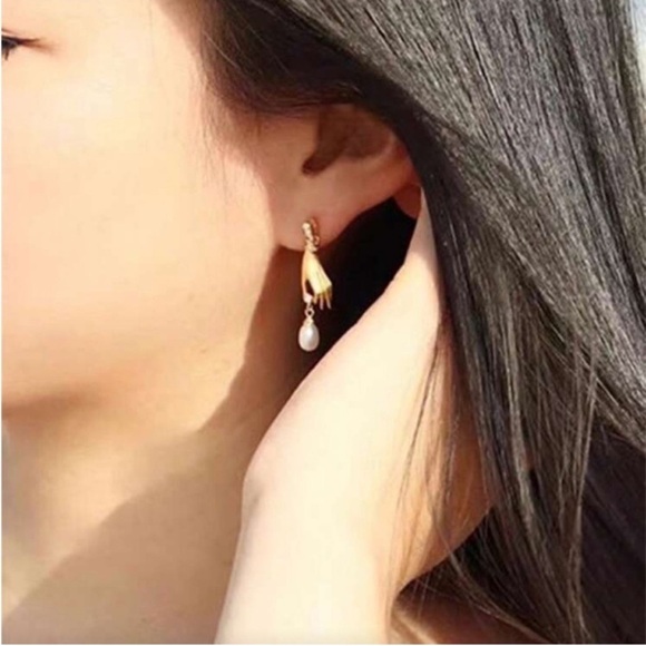 Gold Hand Pearl Earrings Whimsical Bohemian Victorian  Victorian Gold Hand Motif Pearl Earrings